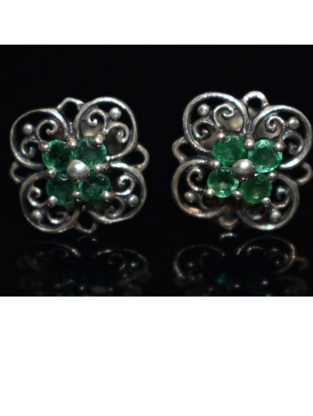Ornate Filagree Sterling Silver Emerald Stud Earrings